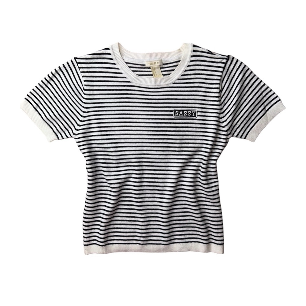 Striped Ribbed Fitted Tee w/ “SASSY” Patch · Size S